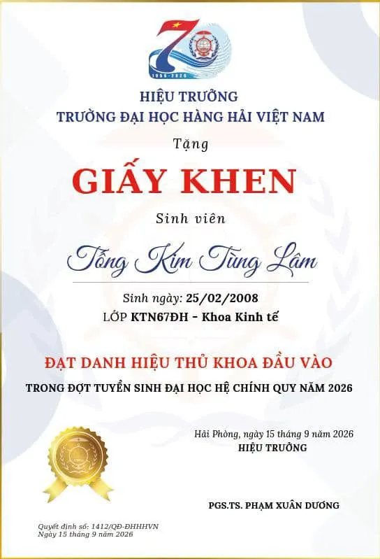 CHÚC MỪNG HỌC SINH TỐNG KIM TÙNG LÂM – THỦ KHOA ĐẦU VÀO TRƯỜNG ĐẠI HỌC HÀNG HẢI VIỆT NAM 3 3 2