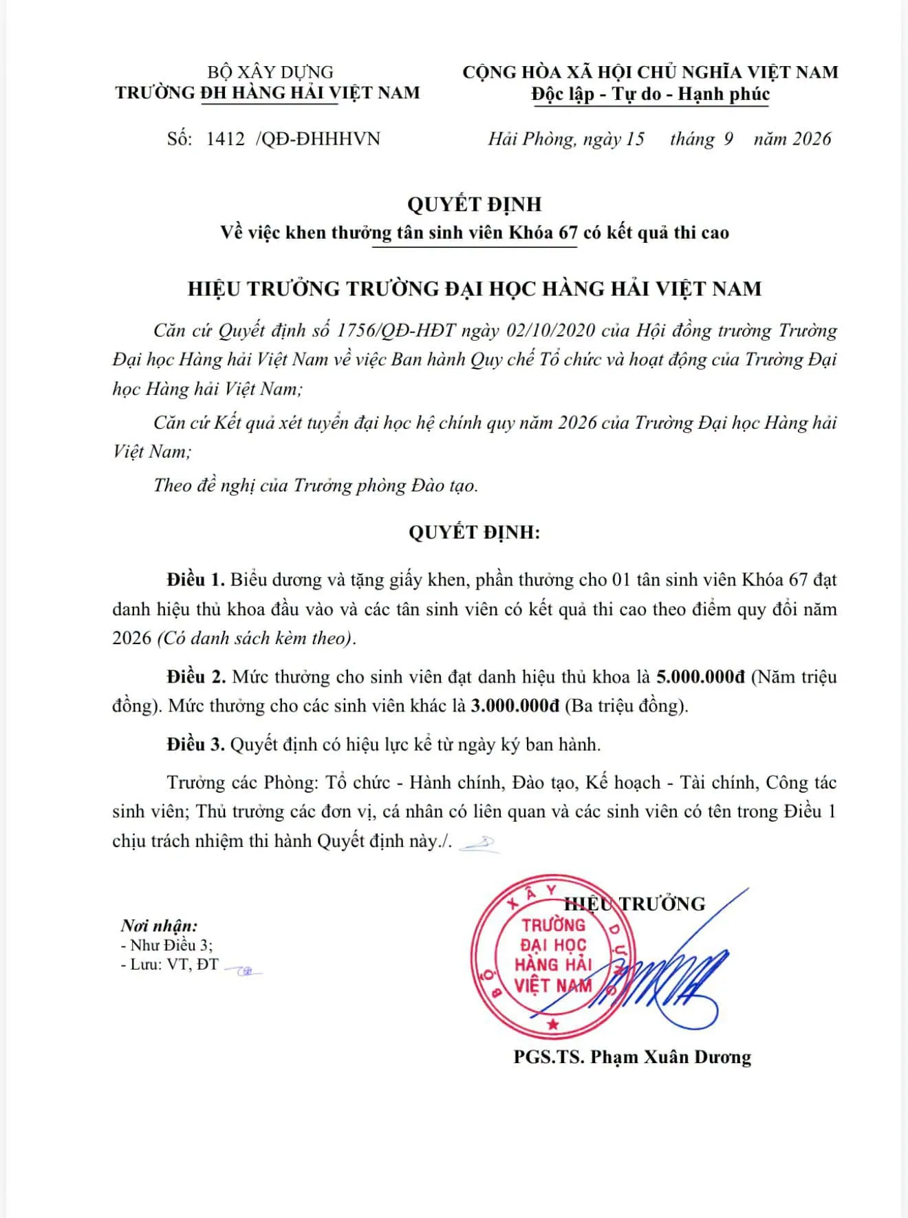 CHÚC MỪNG HỌC SINH TỐNG KIM TÙNG LÂM – THỦ KHOA ĐẦU VÀO TRƯỜNG ĐẠI HỌC HÀNG HẢI VIỆT NAM 5 5 3